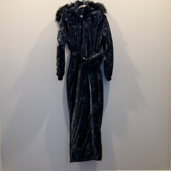 ASOS Navy Belted Ski Suit w/ Faux Fur Hood - Picture 11 of 12